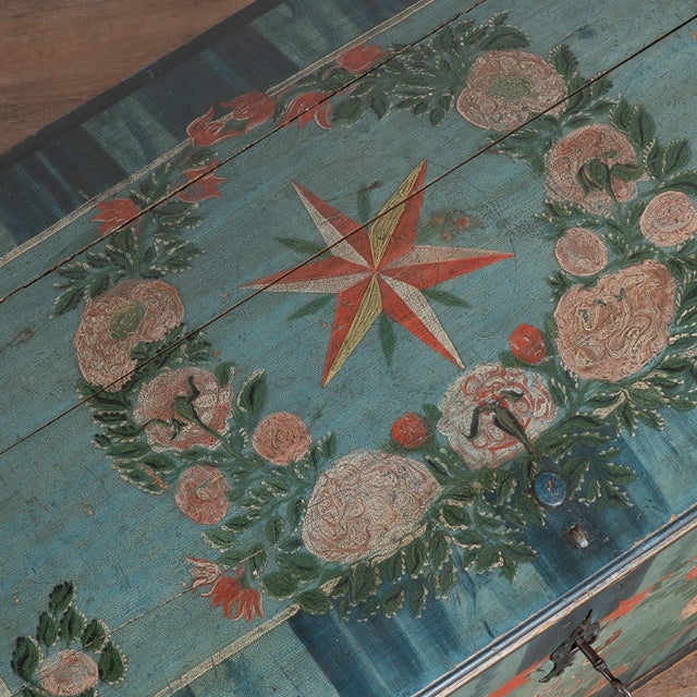 Wood Original Hand Painted Blue Swedish Dome Top Pine Trunk Dated 1852 For Sale - Image 7 of 18