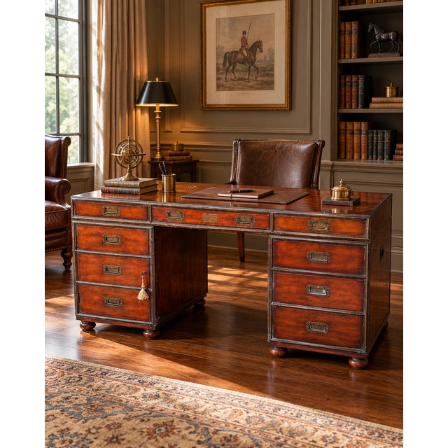 A handsome Theodore Alexander campaign-style executive desk inspired by late-19th-century British military furniture....
