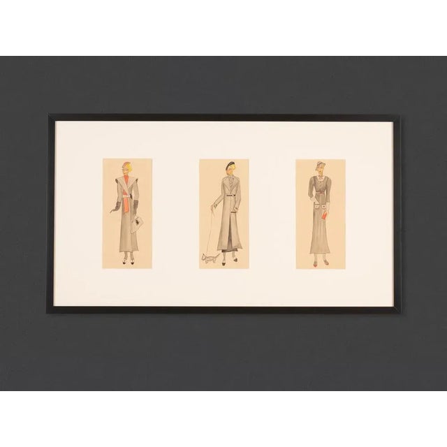 Art Deco Fashion Drawings I, Gouache on Paper, Framed For Sale - Image 13 of 13