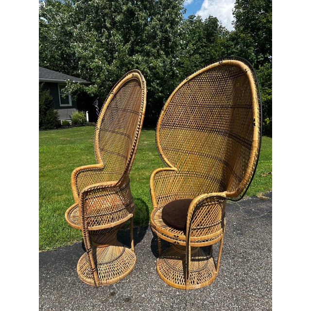 Tan This Pair of Vintage 1970s Boho Wicker and Rattan Peacock Chairs Features High, Dramatic Fan Backs and Hourglass Pedestal Bases. For Sale - Image 8 of 12