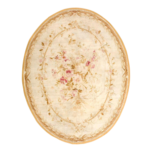 Lovely Ivory and Gold Bronze Color With Delicate Florid Design Antique Oval Aubusson Rug