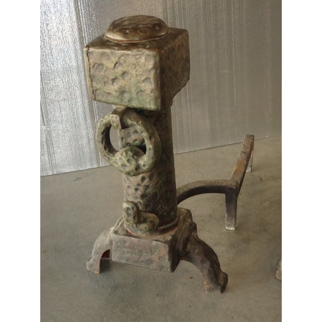Vintage Spanish Revival Hammered Iron Three Piece Andirons Fireplace Accessorie For Sale In Los Angeles - Image 6 of 15