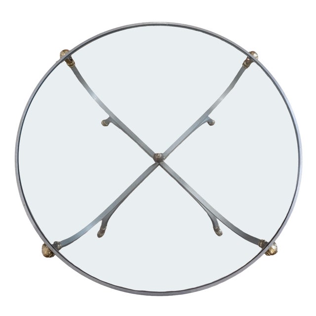 French Mid-Century Round Coffee or Low Table With Steel Base and Glass Top For Sale - Image 11 of 14