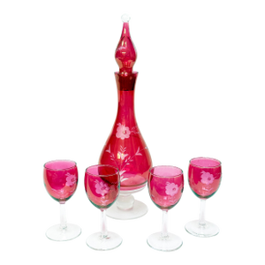 1950s Cranberry Cut-to-Clear Etched Floral Crystal, Hand Blown Bohemian Decanter Set – 5 Pieces