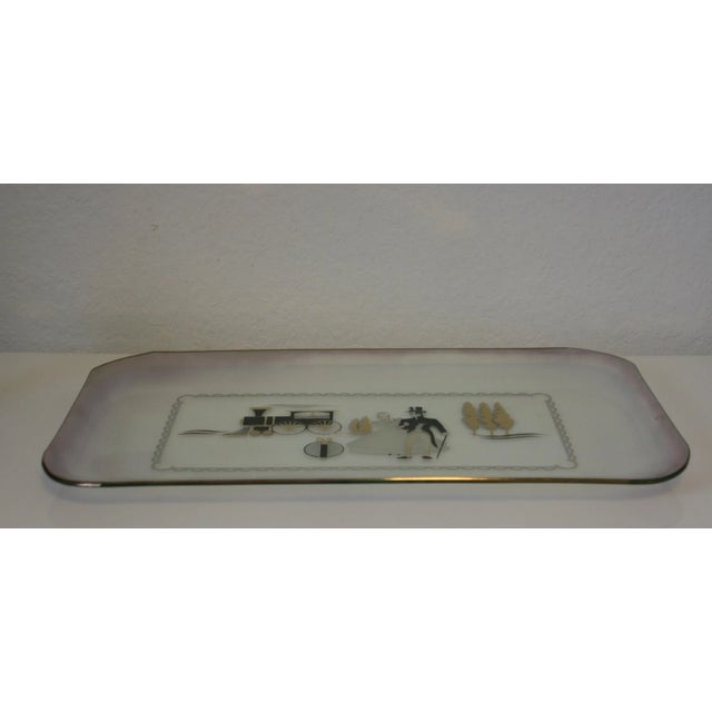 Mid-Century Large Iridescent Clear Glass Tray Black & Gold Victorian Scene For Sale In West Palm - Image 6 of 10