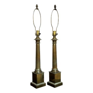 Large-Scale Mid-20th Century Neoclassical Patinated Brass Table Lamps — A Pair For Sale