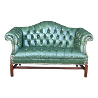 Vintage English Chippendale-Style Forest Green Tufted Leather Camelback Settee For Sale