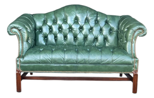 Vintage English Chippendale-Style Forest Green Tufted Leather Camelback Settee
