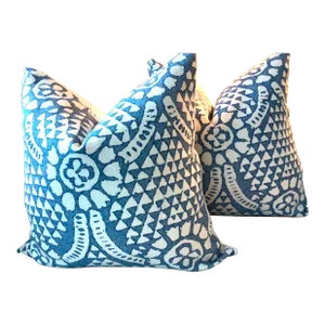 Contemporary Thibaut Down-Filled “Chamomile” in Blue Pillows - a Pair