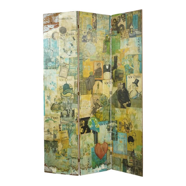 Vintage Decoupage Wood Room Divider Screen For Sale