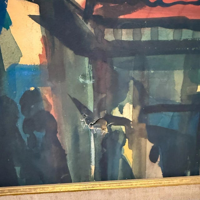 For your consideration, 1950s Watercolor Painting. Abstract architectural landscape. Signed upper right corner Dow 59....
