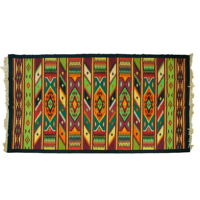 Vintage Romanian Oltenian-Style Handwoven Wool Kilim Rug with Geometric Stripes and Diamond Medallions, 1960s For Sale - Image 10 of 10