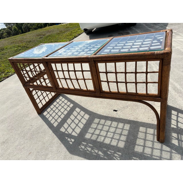 Boho Chic Brown Lattice Rattan Rectangular Sofa Console Table with Glass Top. This table intricate lattice pattern will...
