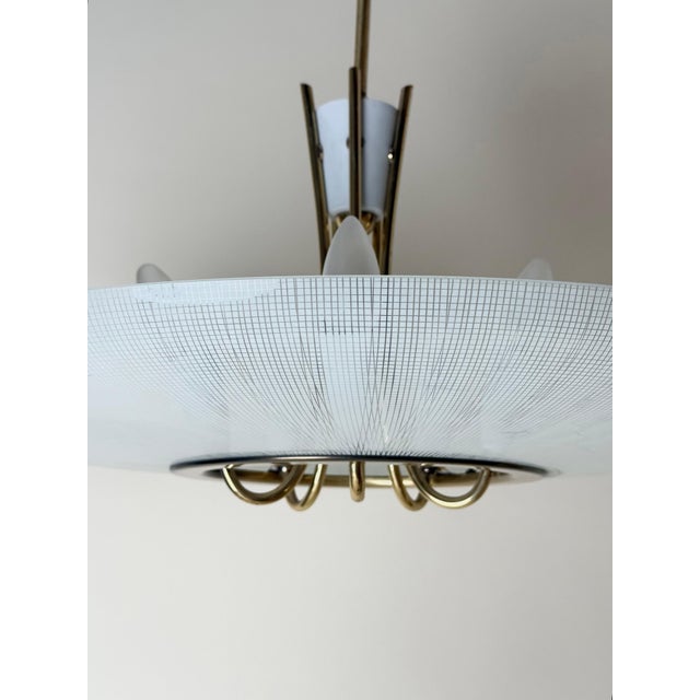 Metal Mid-Century Brass and Textured Glass Pendant, 1950s For Sale - Image 7 of 16