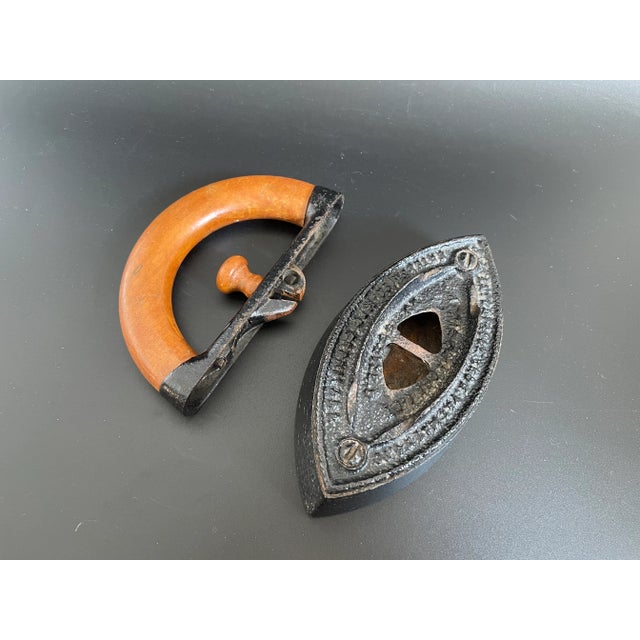 Wood Antique 1870 Enterprise Mfg Co Philadelphia Cast Iron Sad Iron With Wood Handle For Sale - Image 7 of 13