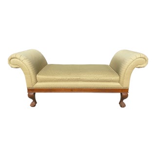 Ralph Lauren Scroll Arm Mahogany Upholstered Clawfoot Kings Bench by Henredon For Sale
