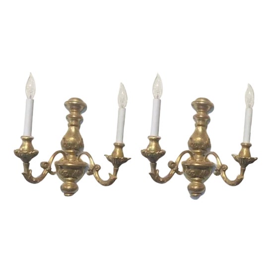 1990s Traditional Italian Carved Wooden Double Light Sconces - a Pair For Sale