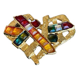 Vintage Christian Lacroix Multicolor Gem Heart Brooch For Sale