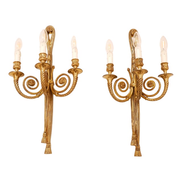 Louis XVI Style Gilded Bronze Wall Lights, France, 1950s, Set of 2 For Sale