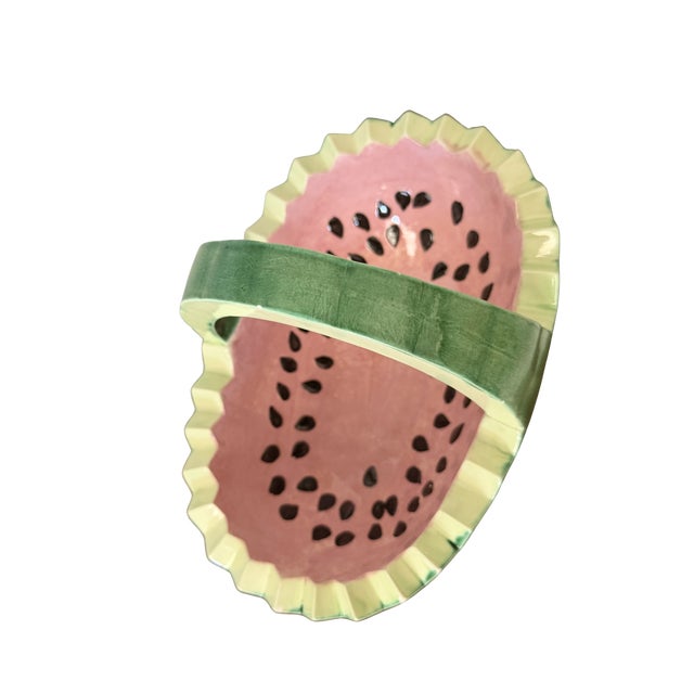 Green Vintage Hand-Painted Ceramic Watermelon Basket Serving Bowl For Sale - Image 8 of 9