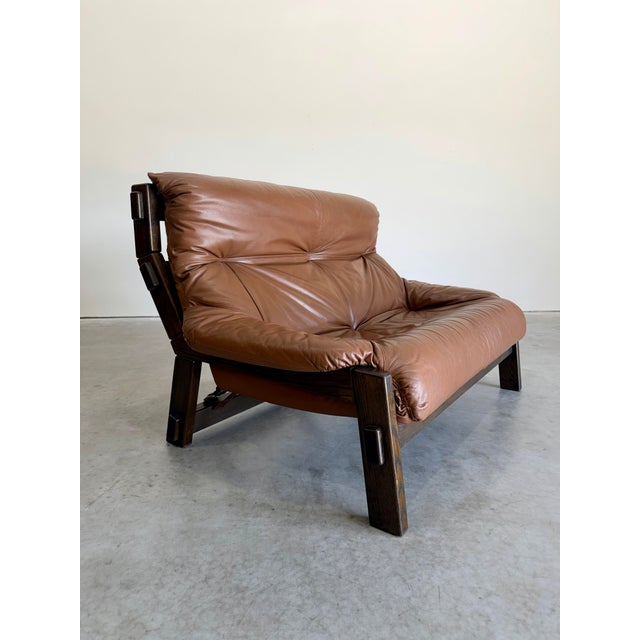 Vintage Dutch Brutalist Brown Leather and Wood Sofa. Attributed to Gerard Van Den Berg for Montis Netherlands c.1970’s....