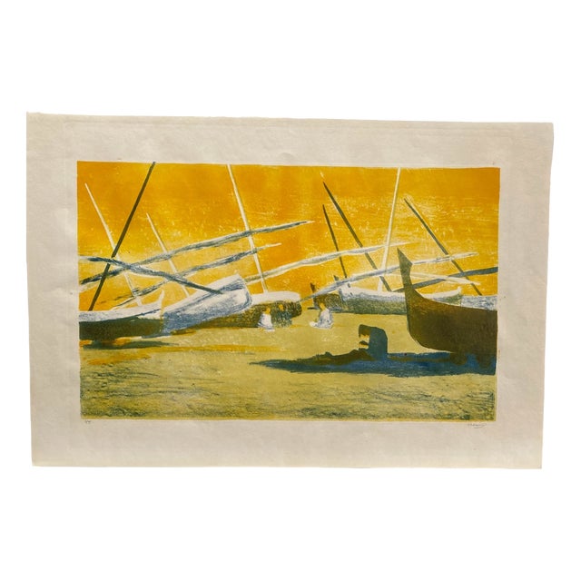 Enid Chauvin, Spanish Beach, Colour Lithograph, 1970s For Sale