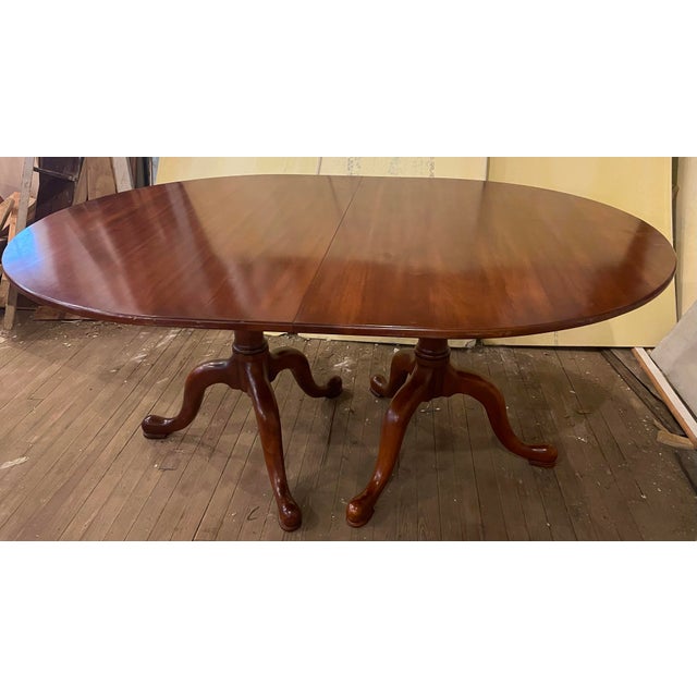 Late 20th Century Henkel Harris Oval Wild Black Cherry Queen Anne 2 Pedestal Dining Table 1 Leaf For Sale - Image 11 of 12