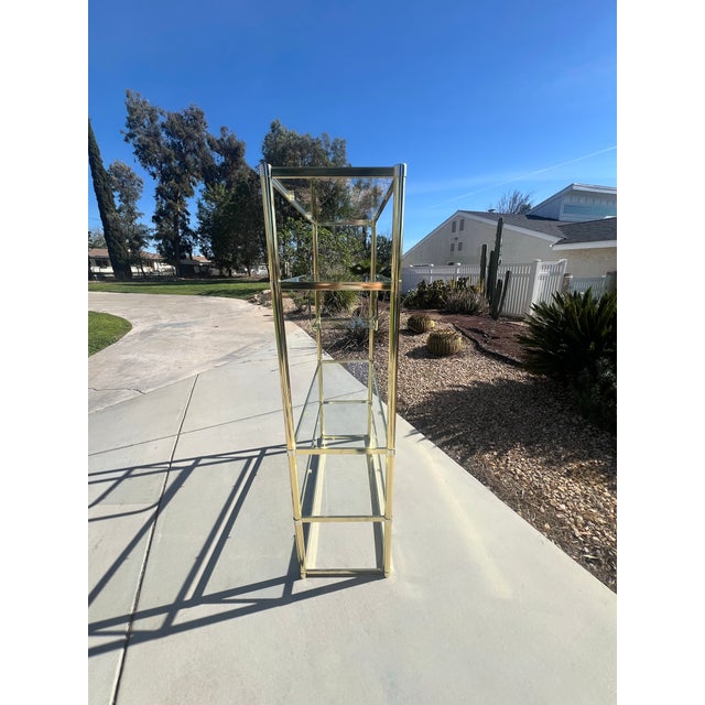 Metal Vintage Mid Century Modern Postmodern Brass Gold Etagere 5 Shelf Bookcase Wall Unit Display Case For Sale - Image 7 of 12