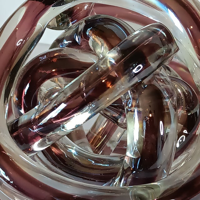 Glass Abstract Art Glass Knot Twisted Infinity Decor Paperweight Clear & Purple Colors 4" X 3.5" For Sale - Image 7 of 11