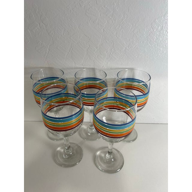 1960s 1970’s Set of 5 Colorful Rainbow Striped Fiesta Ware Wine - Water Goblets For Sale - Image 5 of 9