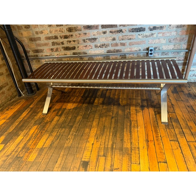 2000 - 2009 One‑of‑a‑Kind Mahogany Slatted Bench – Custom Brushed Steel Frame Modern Industrial Design For Sale - Image 5 of 12