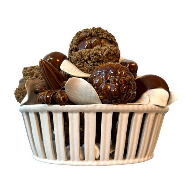 Mid-Century Modern Vintage Italian Ceramic Mushroom & Acorn Basket Centerpiece For Sale - Image 3 of 9