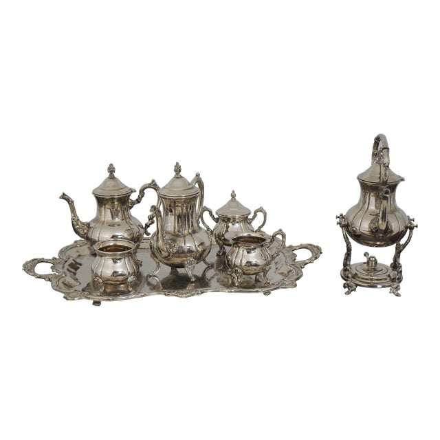 1980s Outstanding 7 Piece Silverplate Tea Set W. Kettle on Stand For Sale
