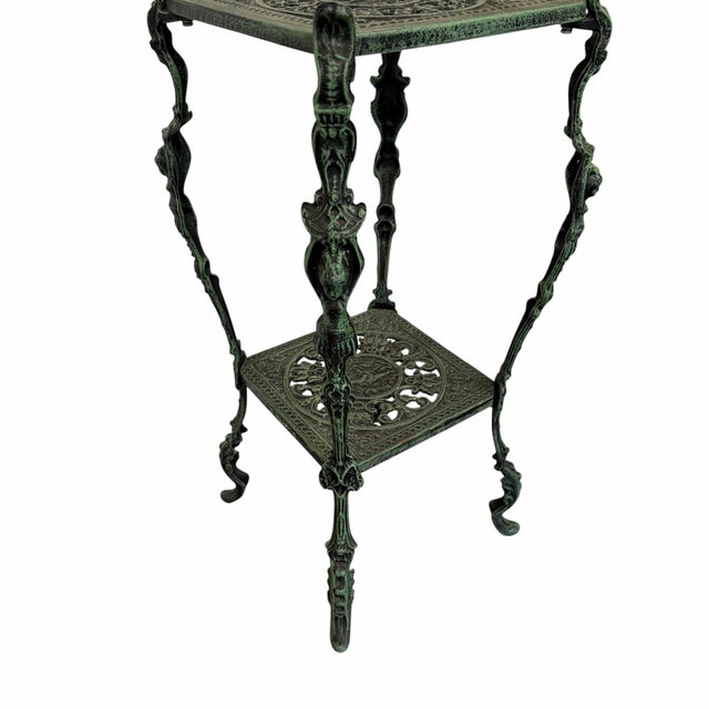 Late 20th Century Vintage Figural Leg Verdigris Two Tier Plant Stand For Sale - Image 5 of 6