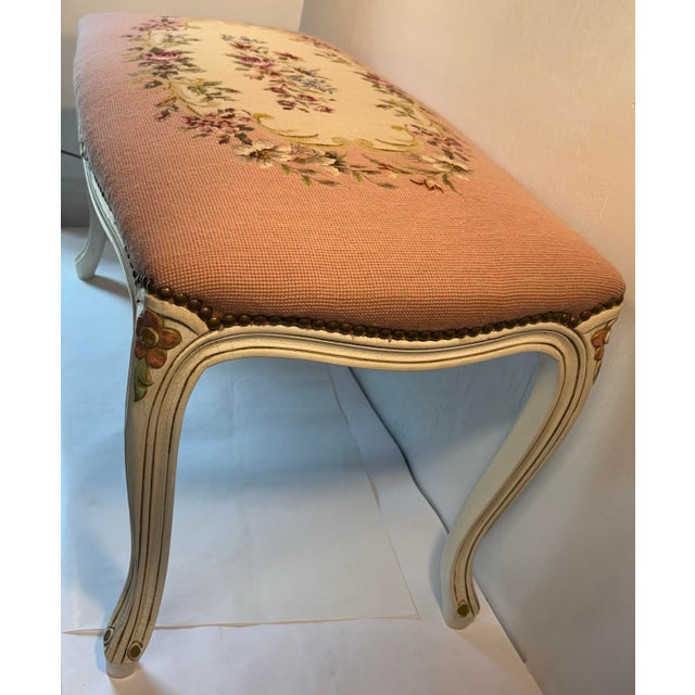 Mid 20th Century Vintage French Provincial Pink Needlepoint Vanity Bench For Sale - Image 5 of 12