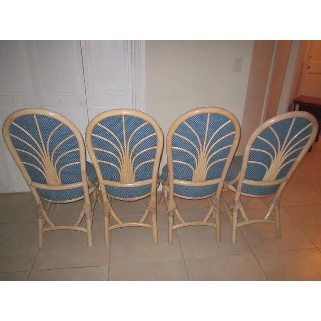 1990s Bamboo Dining Room Blue Fabric Upholstered Set of 5 For Sale - Image 4 of 12