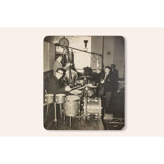 Photographic black and white images of a jazz band in a set of 2 on solid wood panels from the 1940s with musicians John...