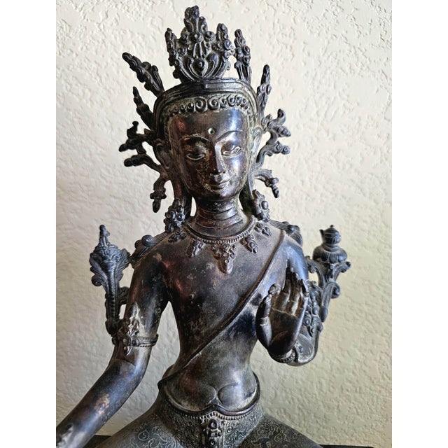 Metal 19th Century Nepalese Bronze Green Tara Seated Bodhisattva, 13.25” Pedestal Base For Sale - Image 7 of 12