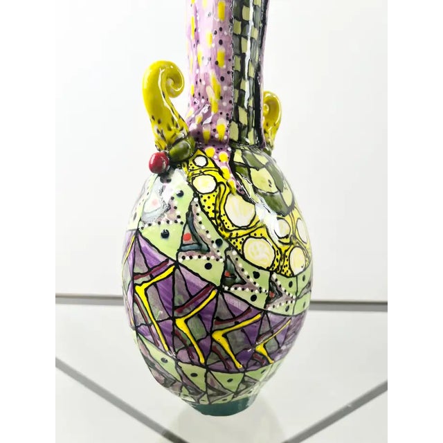 Abstract Studio Multi-Color Hand Painted Ceramic Vase Signed & Dated 1999 For Sale In New York - Image 6 of 17