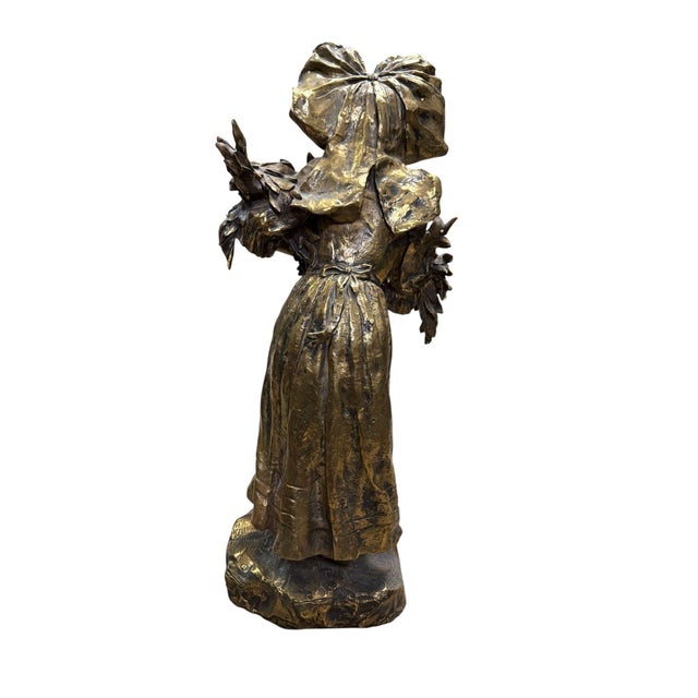 Early 20th Century Early 20th Century Charlotte Monginot Girl W Flowers Bronze Sculpture For Sale - Image 5 of 12