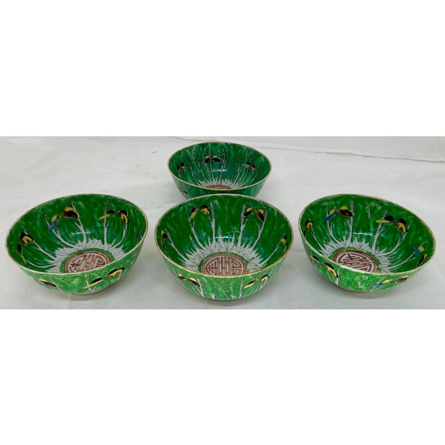 Chinese Set of 4 Antique Chinese Export Porcelain Famille Vert”box Choyleaf” Pattern Rice or Soup Bowls For Sale - Image 3 of 12