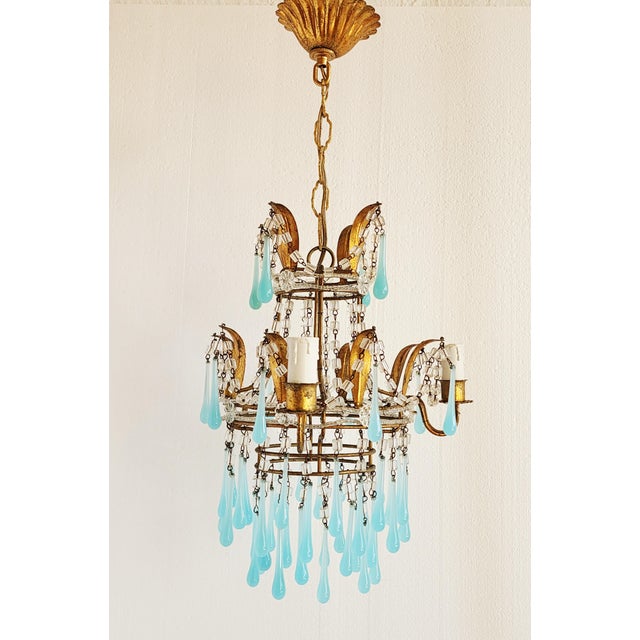 Vintage Gilt Metal Italian Chandelier With Blue Opaline Crystals For Sale - Image 4 of 12