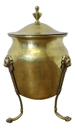 19th Century Lined Brass Lions Mask Log Bin with Lid