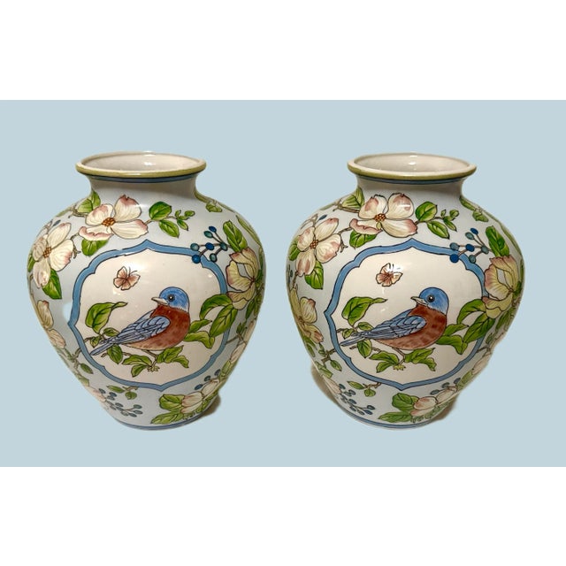 Late 20th Century Vintage Pair of Chinoiserie Song Bird Vases, Andrea by Sadek For Sale - Image 5 of 7