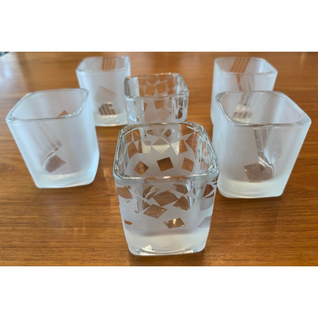 Abstract Late 20th Century Set of 6 Vintage Frosted Geometric Lowball Glasses by Robert McCandless For Sale - Image 3 of 12