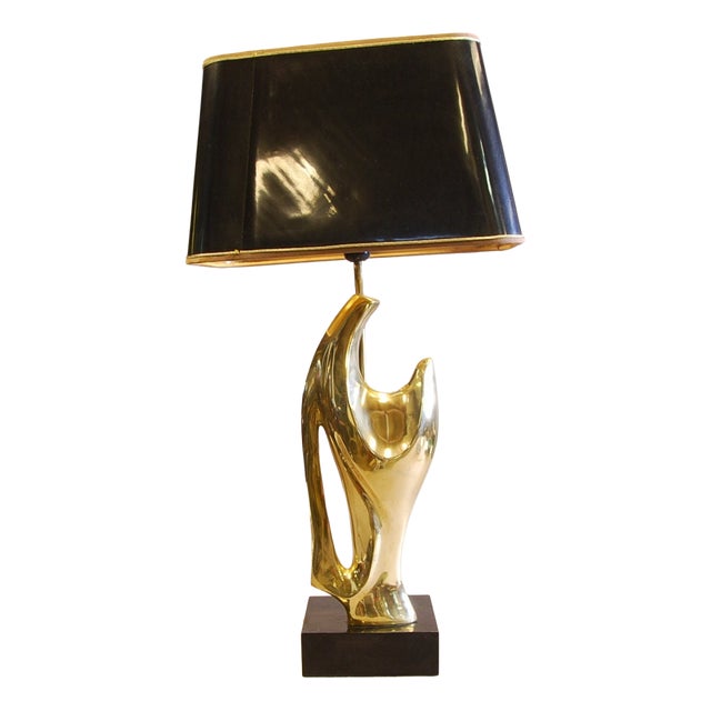 Sculptural Brass Hand Table Lamp with Black Shade, 1970s For Sale