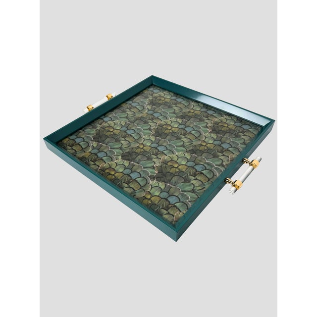 Custom Peacock Tray Acrylic Handles Teal For Sale - Image 4 of 9