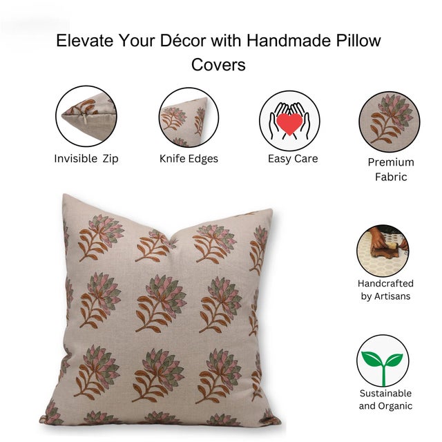 Fabdivine Handmade Block Printed Cushion Cover 22x22 Inch Pure Linen- Summer Flower For Sale - Image 4 of 4