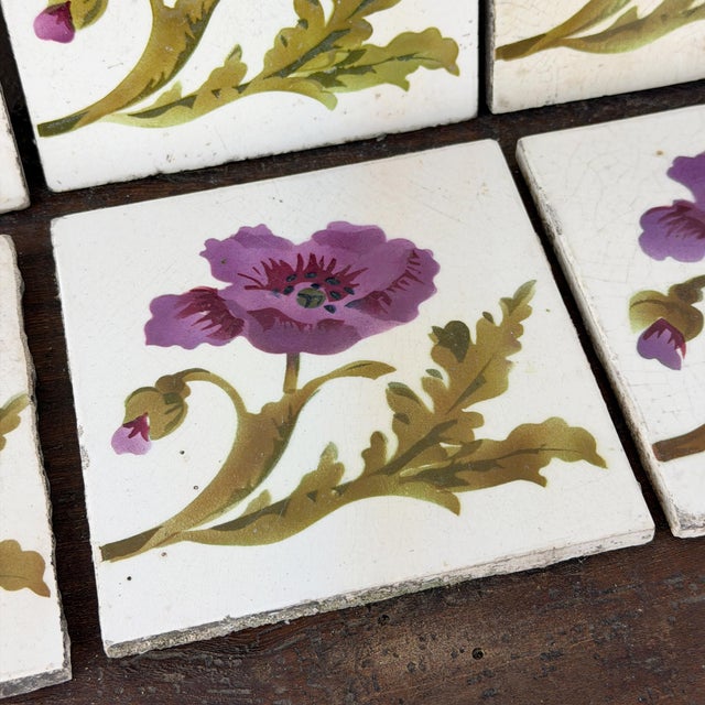 Antique Art Nouveau Floral Ceramic Tiles, 1890s, Set of 6 For Sale - Image 11 of 13