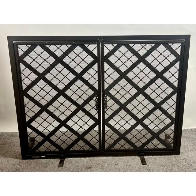 Art Deco Style Black & Bronzed Metal Two-Door & Diamond Design Fireplace Screen For Sale - Image 14 of 16